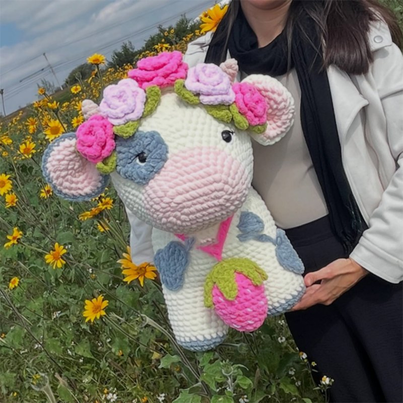 Boneca de Amigurumi de Vaca de Crochê com Lã Chunky Feita à Mão em Dois Tamanhos, Brinquedo de Pelúcia de Animal de Fazenda, Presente para Chá de Bebê, Decoração de Berçário