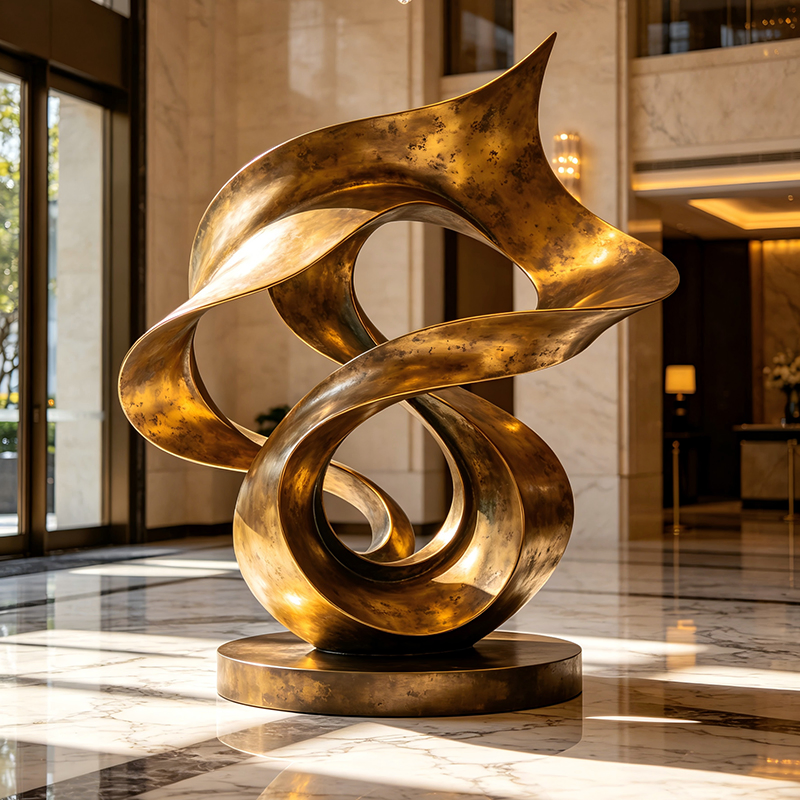 Escultura de bronze fundido em forma de fita dinâmica, ornamento de arte personalizado para piso em hotel