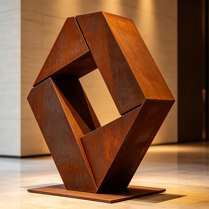 Escultura Metálica Abstrata em Aço Corten de Estilo Minimalista e Luxuoso, Ornamento Personalizado para Decoração de Interiores em Lobby