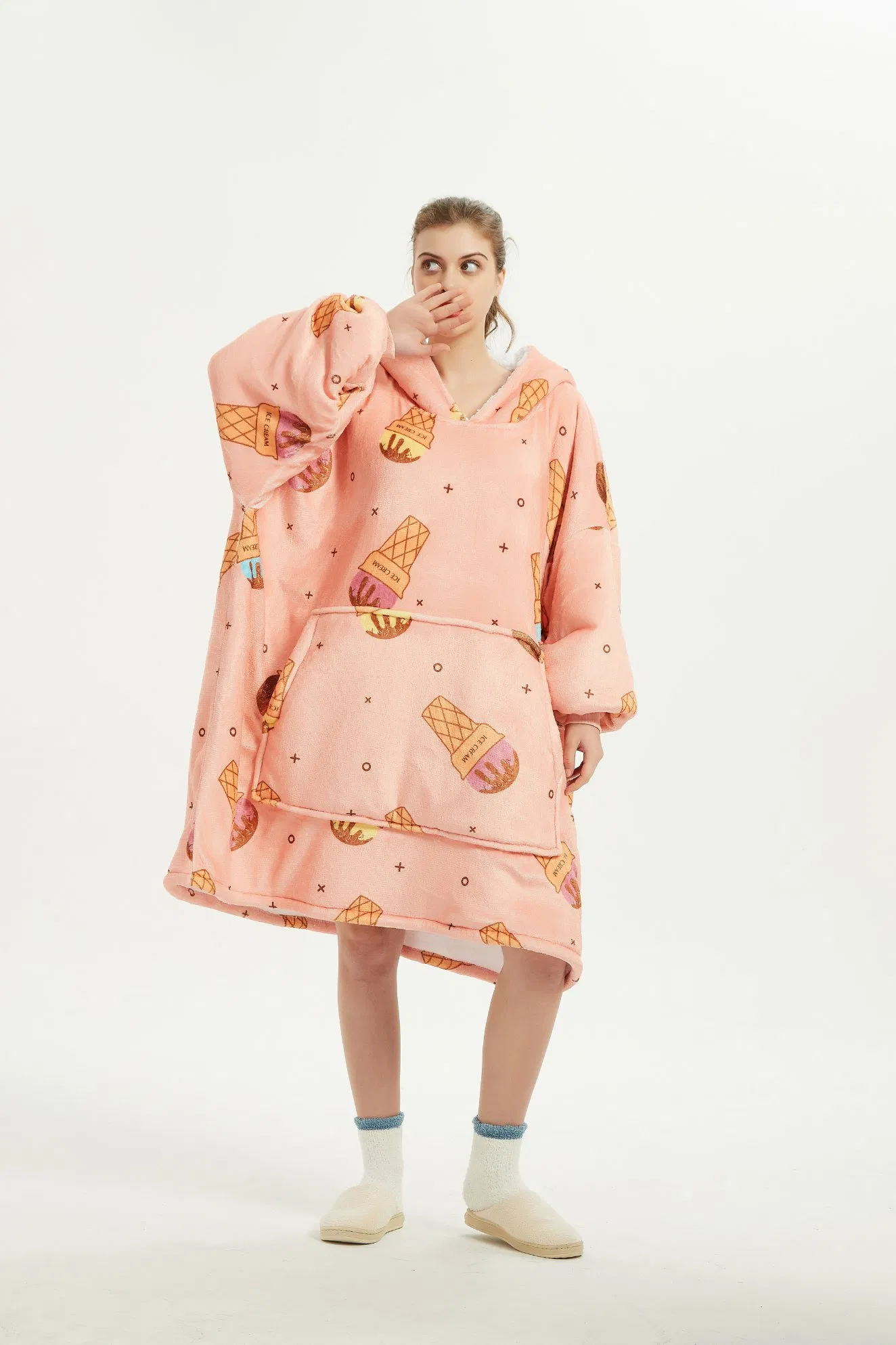 Moletom com capuz oversized de pelúcia Sherpa quente e personalizável em poliéster