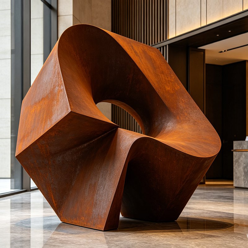 Escultura Metálica Abstrata em Aço Corten de Estilo Minimalista e Luxuoso, Ornamento Personalizado para Decoração de Interiores em Lobby