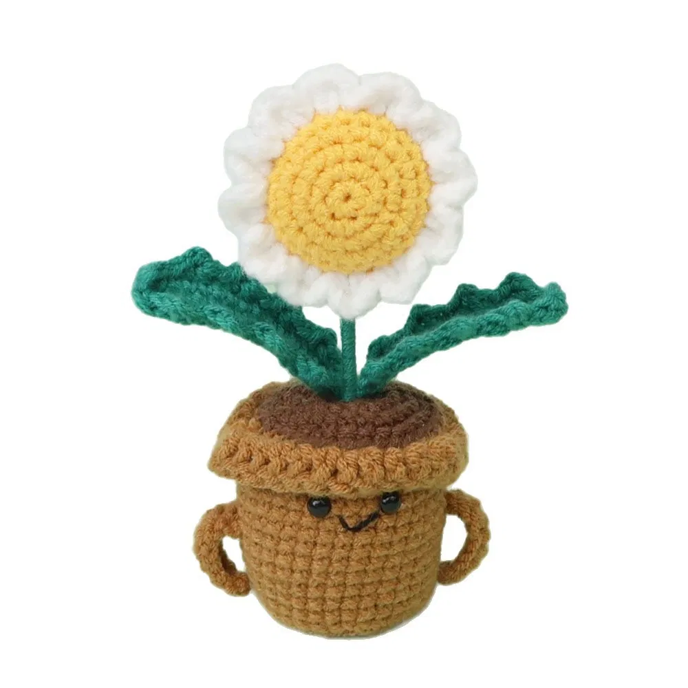 Boneca de Crochê Feita à Mão com Lã Tricotada - Ornamento Engraçado de Girassol e Margarida em Vaso