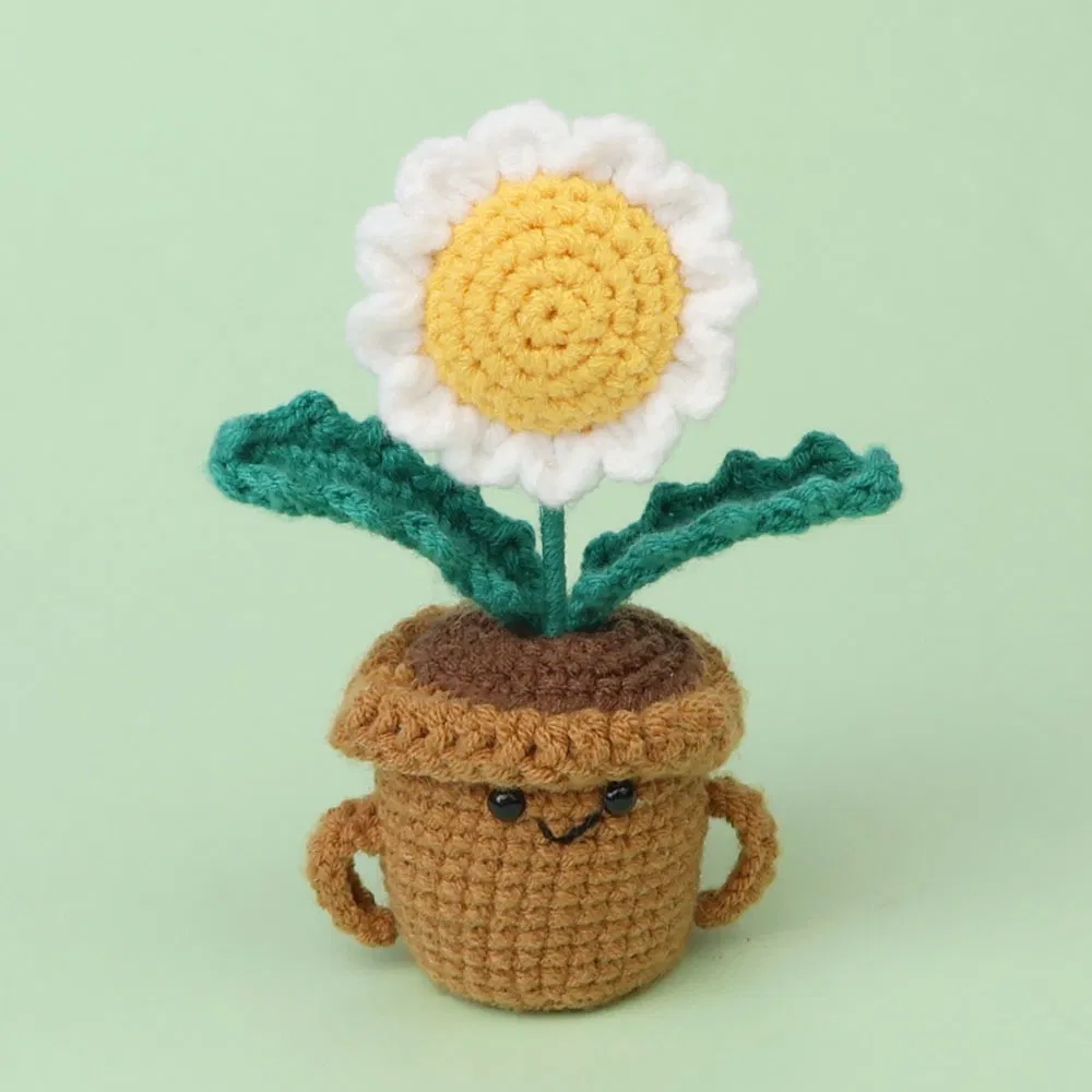 Boneca de Crochê Feita à Mão com Lã Tricotada - Ornamento Engraçado de Girassol e Margarida em Vaso