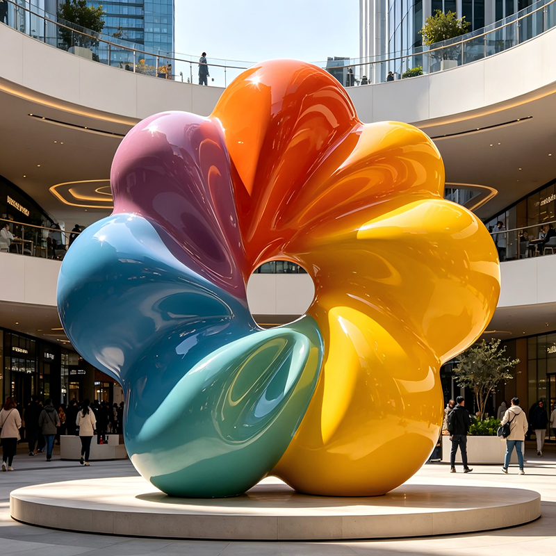Escultura Abstrata em Forma de Pétala Multicolorida e Brilhante em FRP, Escultura de Flor em Fibra de Vidro Feita à Mão, Ornamentos de Decoração Suave para Átrios de Shoppings e Vilas de Férias