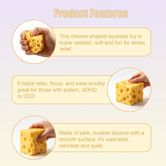 Brinquedo Antiestresse de Queijo Squishy, Brinquedo Sensorial de Comida Macio e de Crescimento Lento, Bolas de Estresse Fofas para Apertar