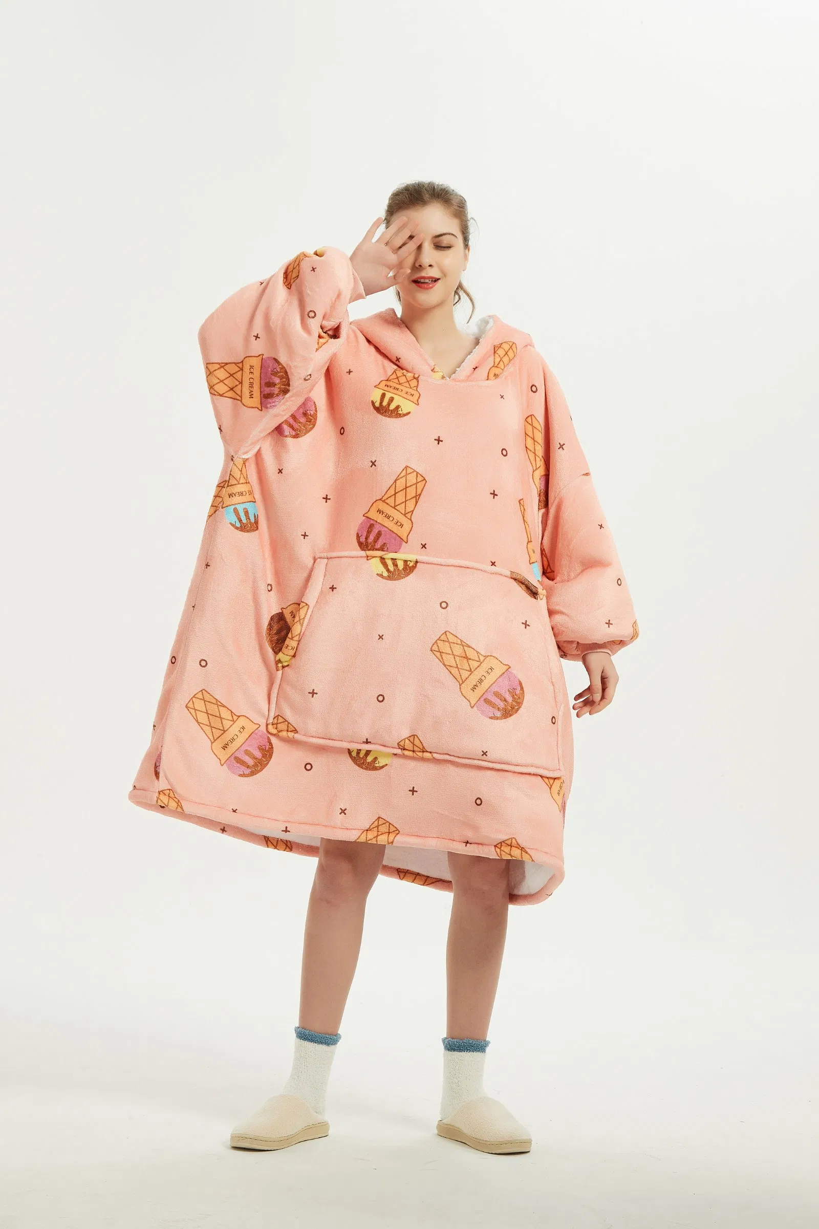 Moletom com capuz oversized de pelúcia Sherpa quente e personalizável em poliéster