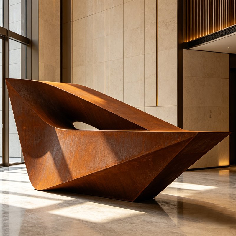 Escultura Metálica Abstrata em Aço Corten de Estilo Minimalista e Luxuoso, Ornamento Personalizado para Decoração de Interiores em Lobby