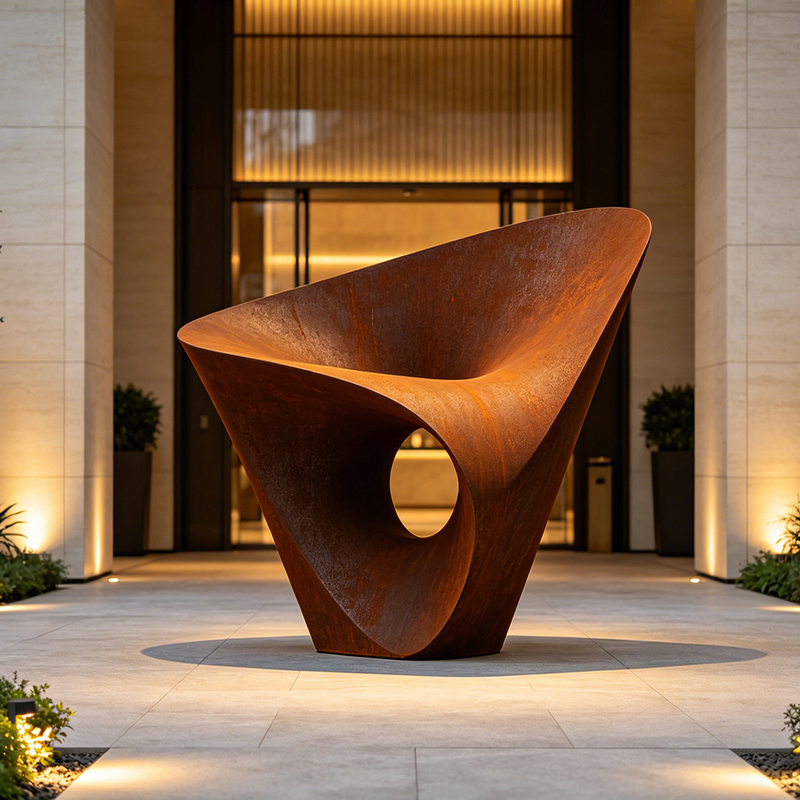 Escultura Metálica Abstrata em Aço Corten de Estilo Minimalista e Luxuoso, Ornamento Personalizado para Decoração de Interiores em Lobby