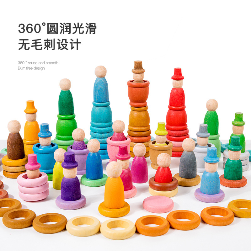 Brinquedo Educativo de Combinação de Cores com Boneca de Pino Arco-Íris de Madeira Waldorf