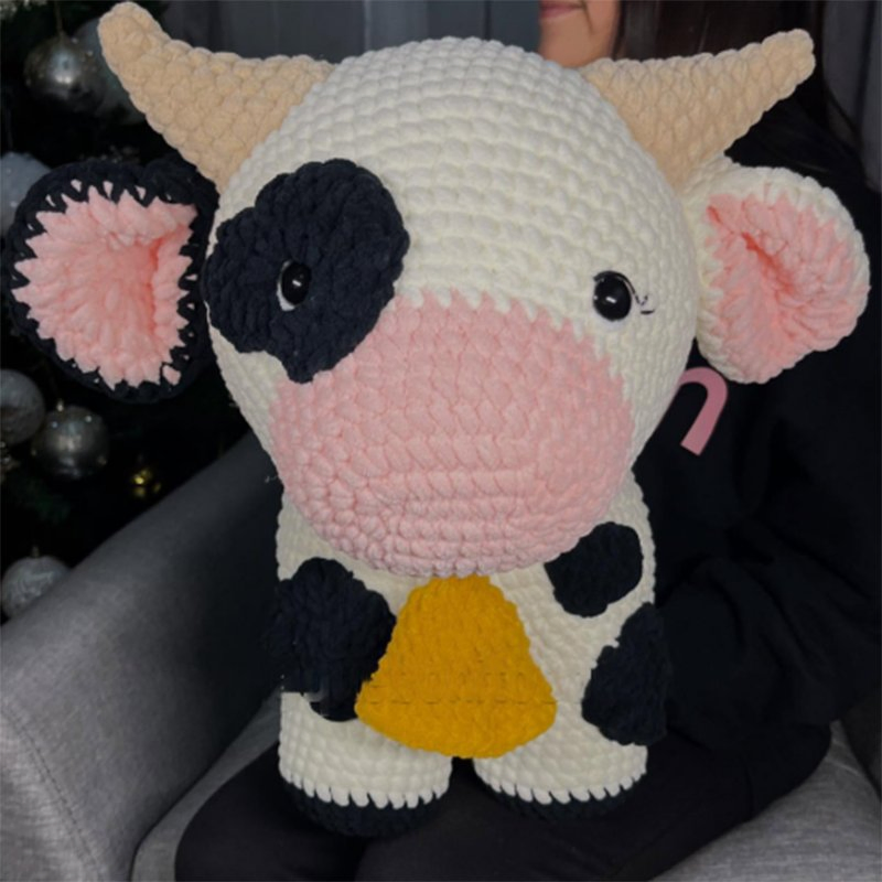 Boneca de Amigurumi de Vaca de Crochê com Lã Chunky Feita à Mão em Dois Tamanhos, Brinquedo de Pelúcia de Animal de Fazenda, Presente para Chá de Bebê, Decoração de Berçário