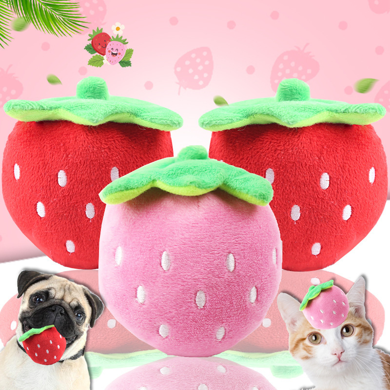 Brinquedo de Pelúcia Squeaky Rosa Bordado de Morango em Estoque, Brinquedo Interativo com Som, Suprimentos de Entretenimento Diário para Cães e Gatos