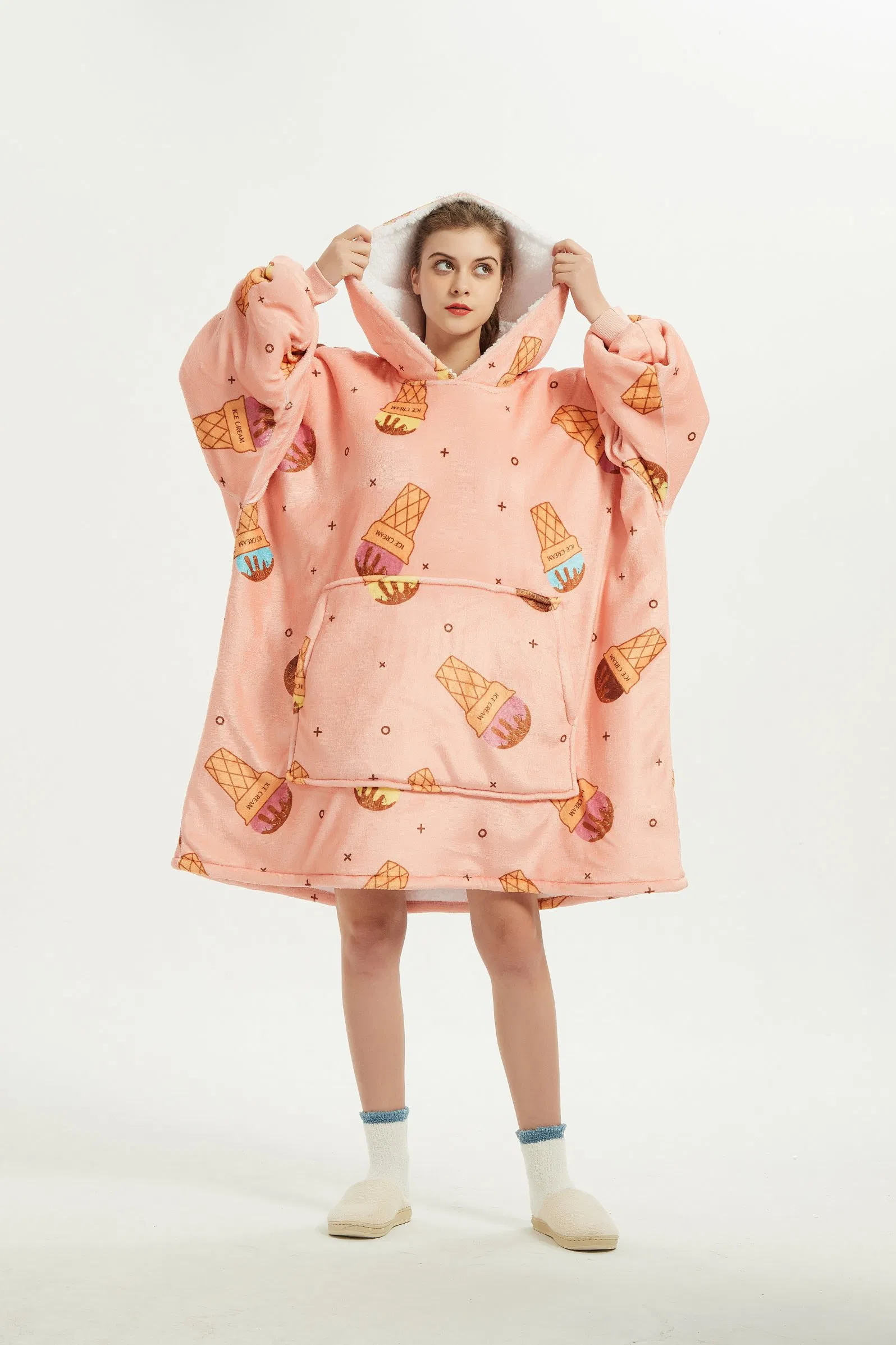 Moletom com capuz oversized de pelúcia Sherpa quente e personalizável em poliéster