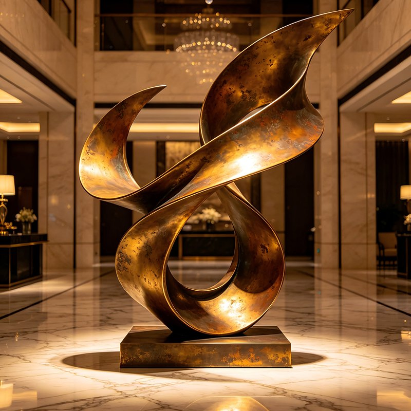 Escultura de bronze fundido em forma de fita dinâmica, ornamento de arte personalizado para piso em hotel