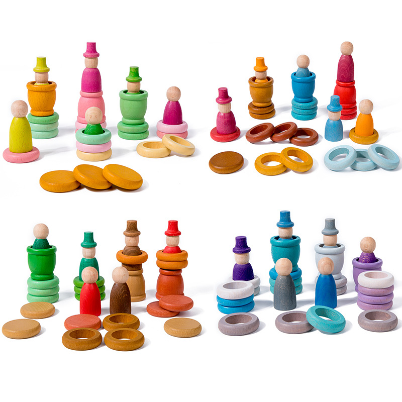 Brinquedo Educativo de Combinação de Cores com Boneca de Pino Arco-Íris de Madeira Waldorf