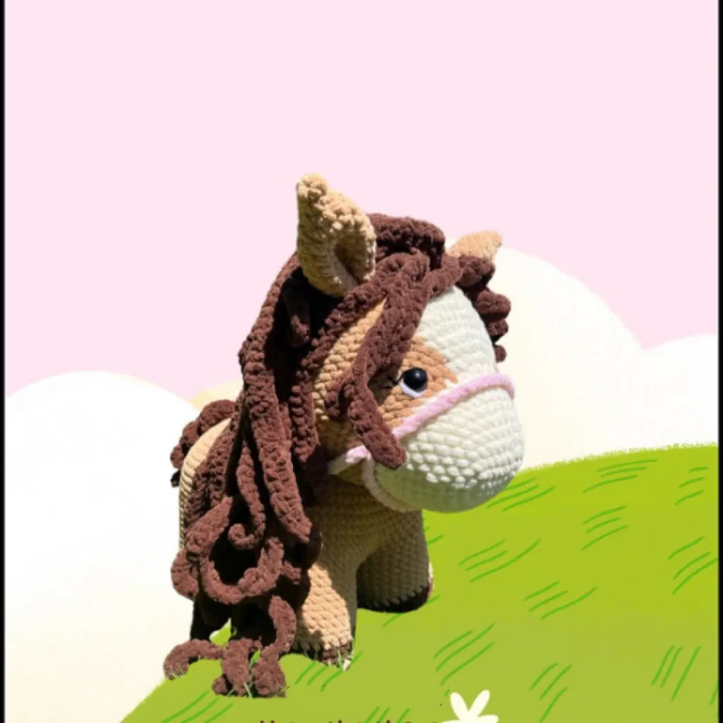 Handmade Crochet Highland Cow Giant Size Curly Hair Horse Amigurumi Plush Toy Fluffy Knitted Stuffed Animal Doll Gift