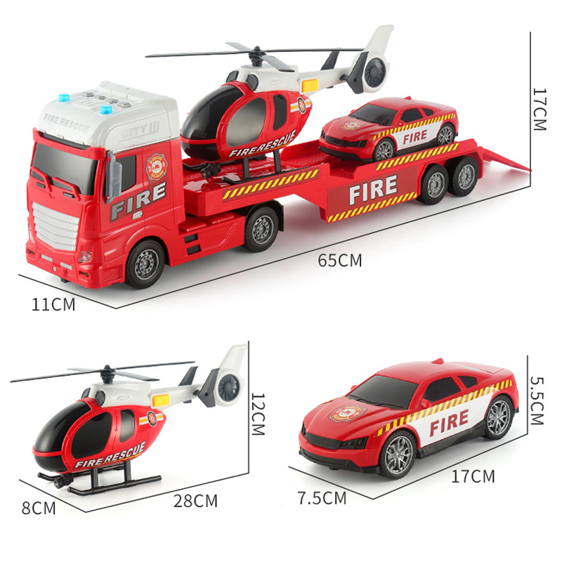 Friction Vehicle Trucks with Car and Plane Kids Toys Chilren Toy Plastici Fire Rescue Flat Transporter Truck Boys Gift Truck with Light and Music