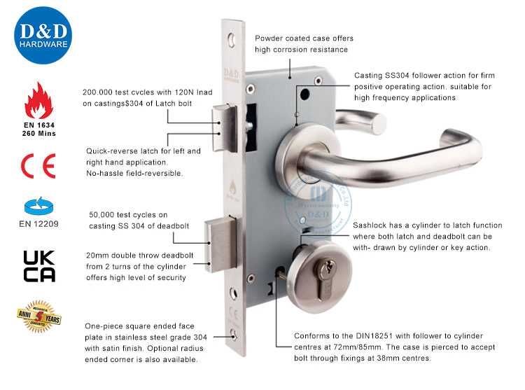 CE Security Euro Fire Rated Stainless Steel Safe Mortise Handle Metal Sash SUS Commercial Wooden Cylinder Magnetic Key Zinc Sliding Inner Guangdong Door Lock