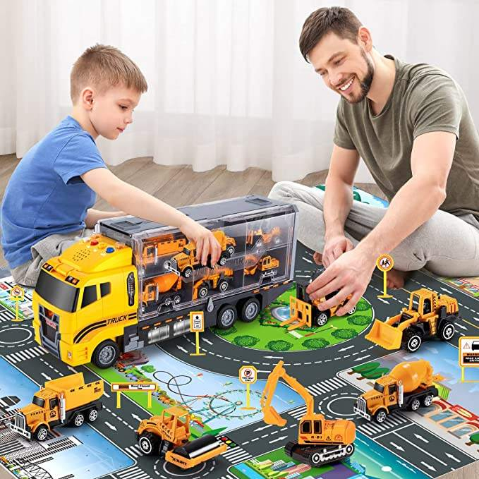 2024 New Hot Sale Children's Gift Die-Cast Construction Toys Car Carrier Vehicle Toy Set W/Play Mat, Truck Alloy Metal Car Toys Set for Kids
