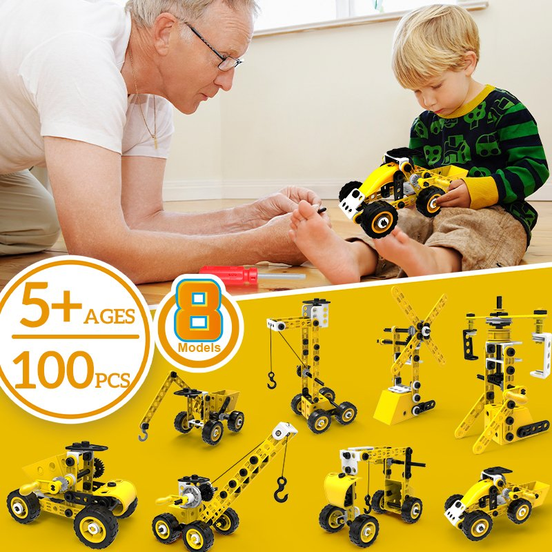 100PCS 8 in 1 Take Apart Car Toy Children Educational Engineering Construction Truck Toy Set Stem Screw Assemble Vehicle Set DIY Building Kit Toys for Kids Boys