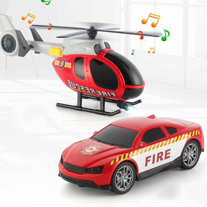 Friction Vehicle Trucks with Car and Plane Kids Toys Chilren Toy Plastici Fire Rescue Flat Transporter Truck Boys Gift Truck with Light and Music