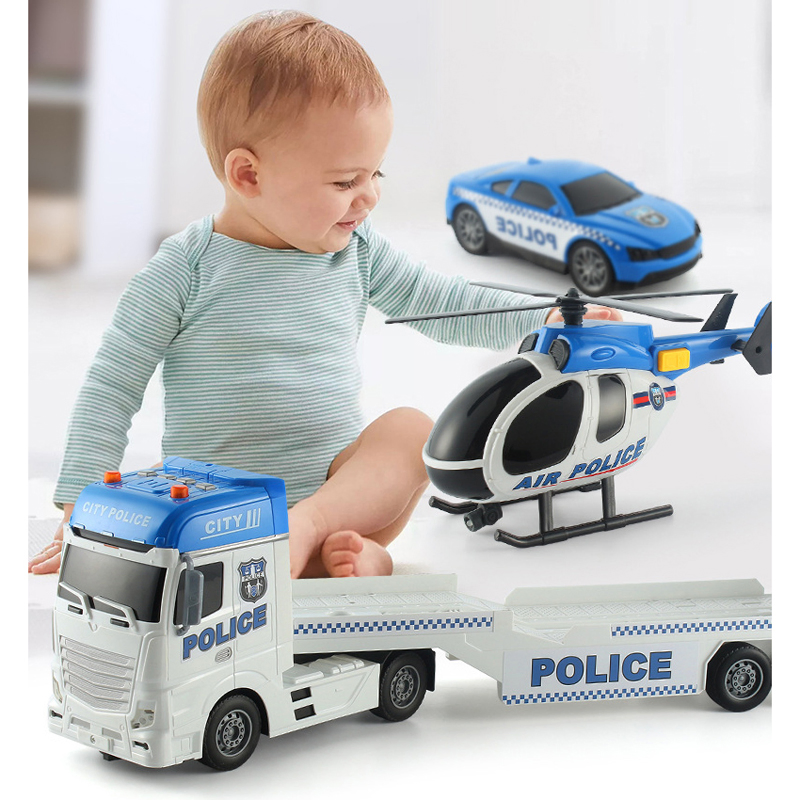 Friction Vehicle Trucks with Car and Plane Kids Toys Chilren Toy Plastici Fire Rescue Flat Transporter Truck Boys Gift Truck with Light and Music