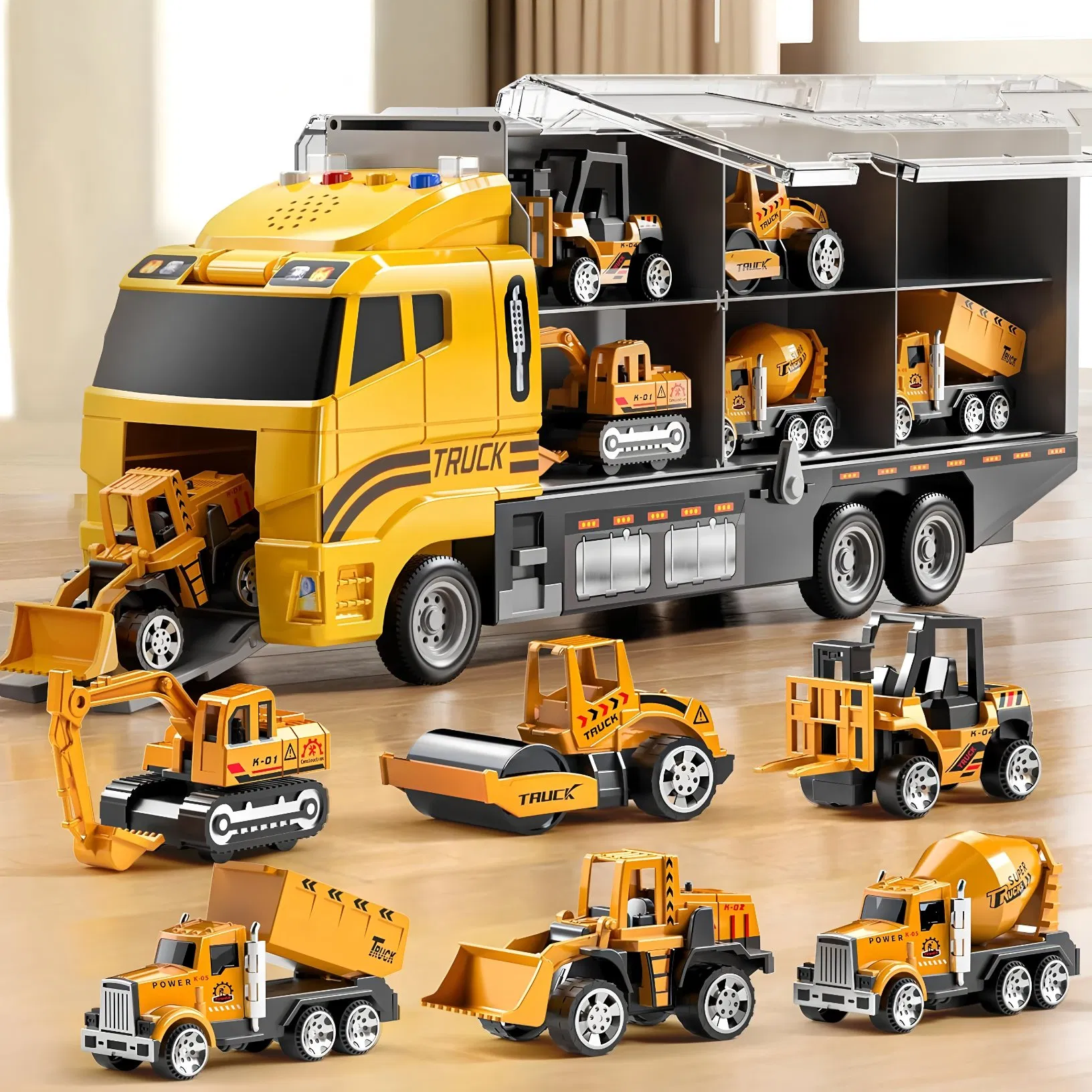 Wholesale Kids Toddler Boys Construction Truck Vehicle Toy Set with Die-Cast Toy Car, Transport Carrier Truck for Kids 7 in 1, Construction Vehicle Toys
