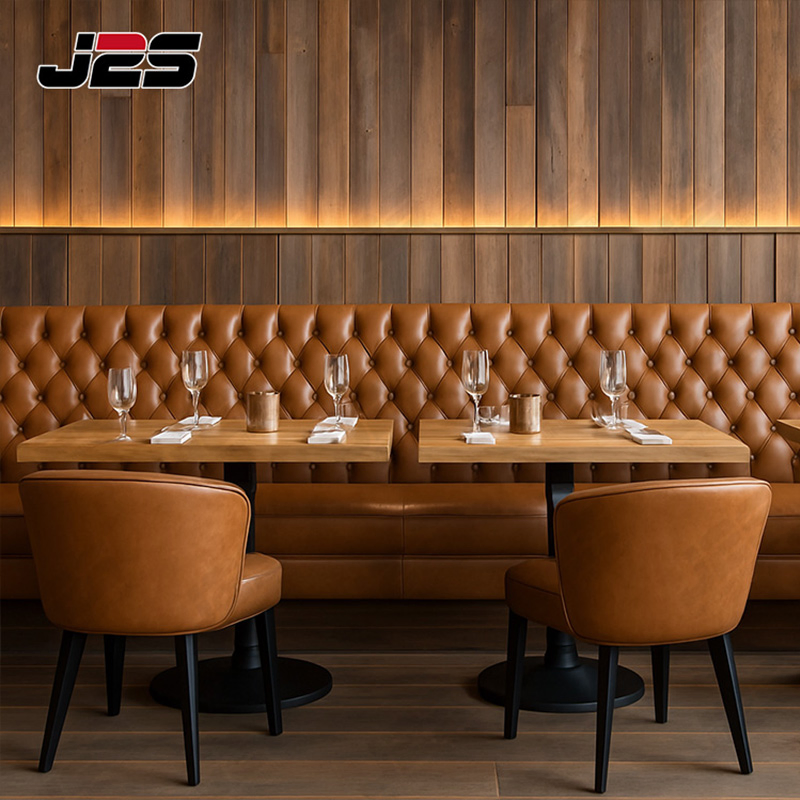 J2s Vintage Industrial Commercial Restaurant Furniture Sets Tan Leather Chesterfield Booth Seating with Solid Wood Tables