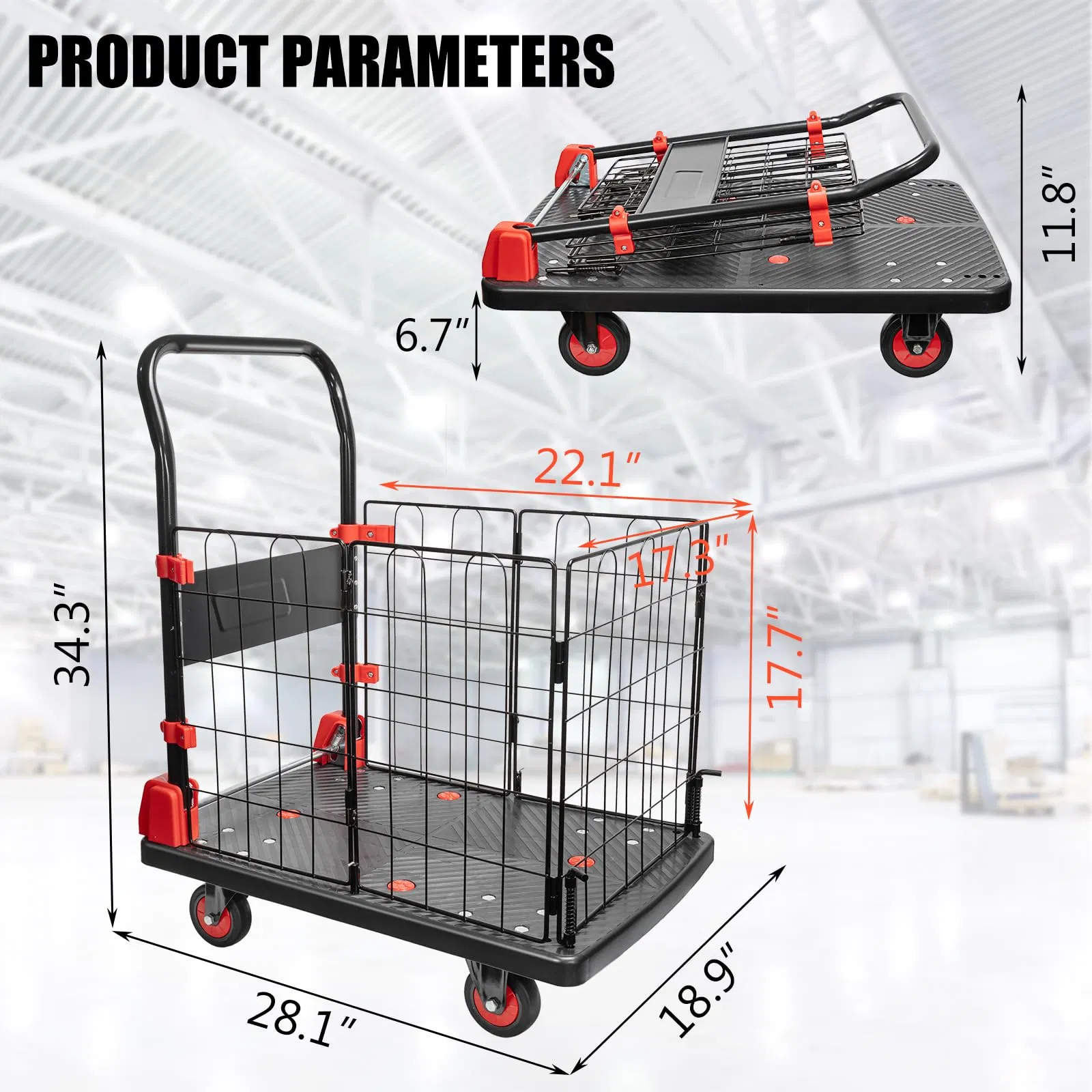 Platform Truck Cart with Cage, 1400lbs Capacity Folding Hand Truck Dolly, Heavy Duty Platform Cart W/ 5'' TPR Swivel Wheels, 2 in 1 Foldable Platform Truck Push