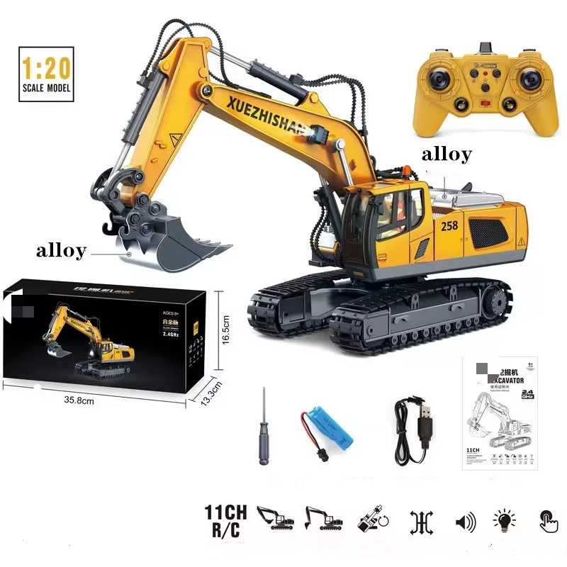 2.4G Scale 1: 24 Radio Control Alloy Metal Truck Excavator Bulldozer Dumper with Signs RC Die Cast Construction Truck Toys Set