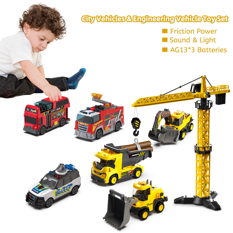Inertia Urban Construction Truck Toys Kids Boys Stem Gift Friction Enigeering Vehicle Toy Set with Light &amp; Music