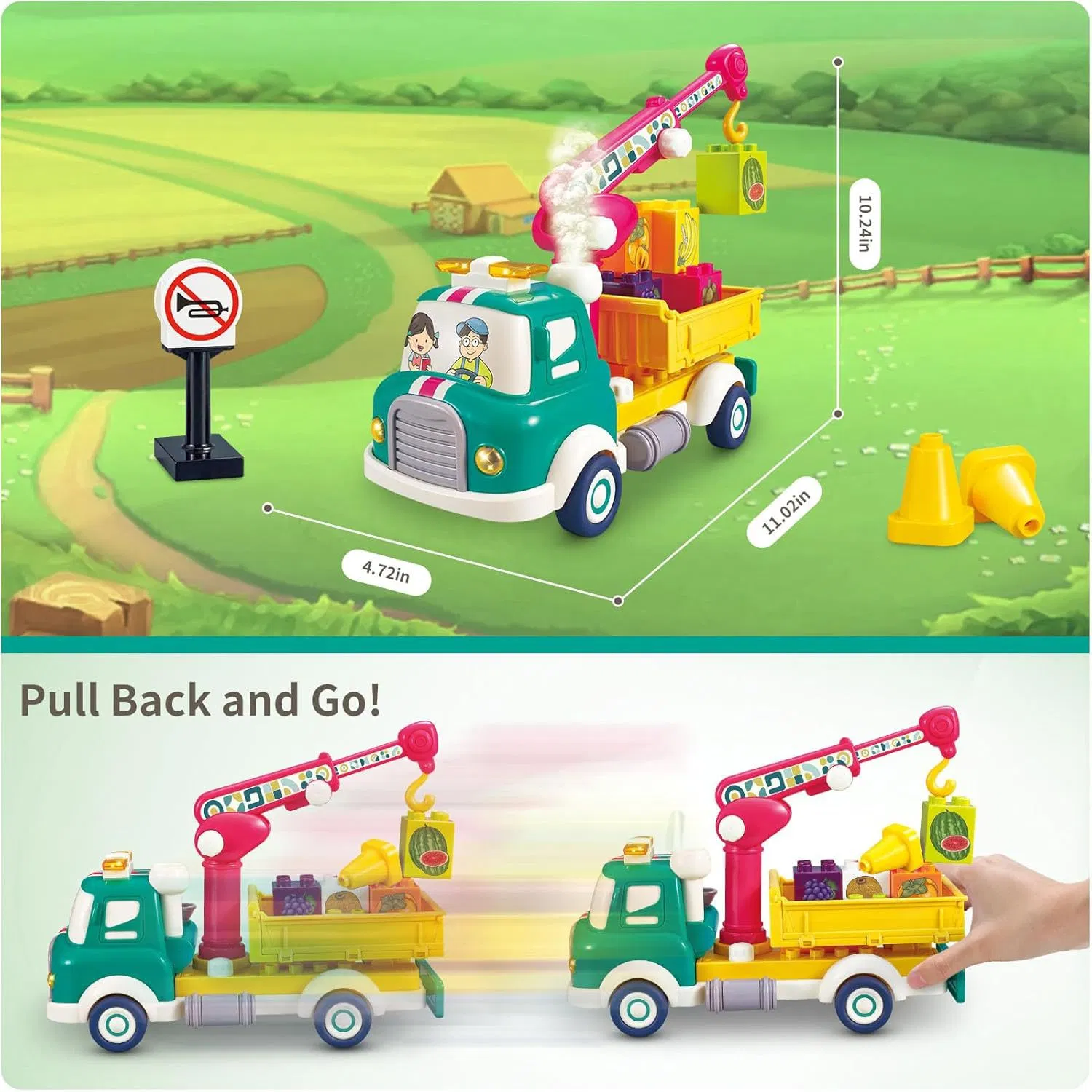 Mist Spray Cartoon Stem Construction Building Block Pull Back Car Toy with Light Sound Smoke Garbage Truck