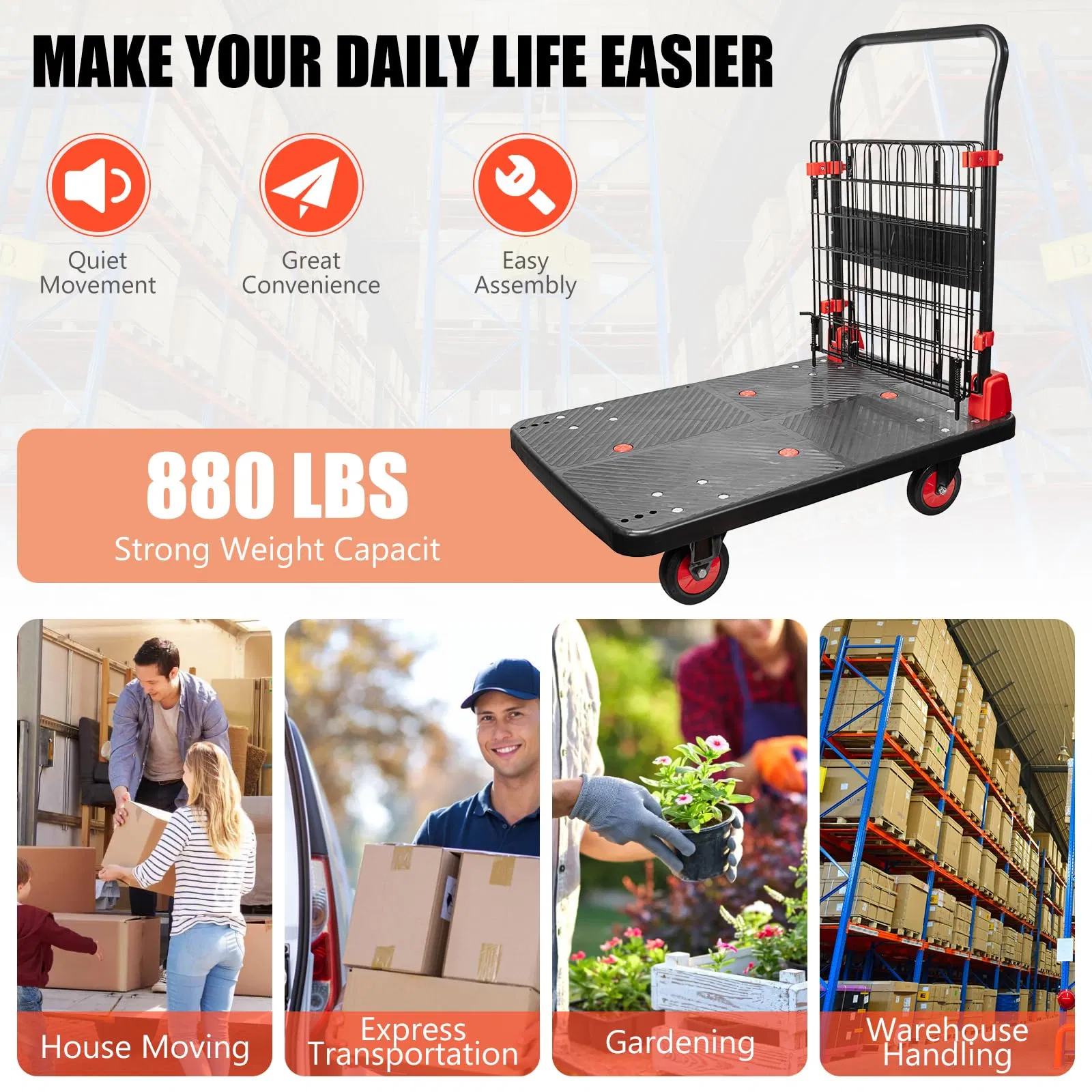 Platform Truck Cart with Cage, 1400lbs Capacity Folding Hand Truck Dolly, Heavy Duty Platform Cart W/ 5'' TPR Swivel Wheels, 2 in 1 Foldable Platform Truck Push