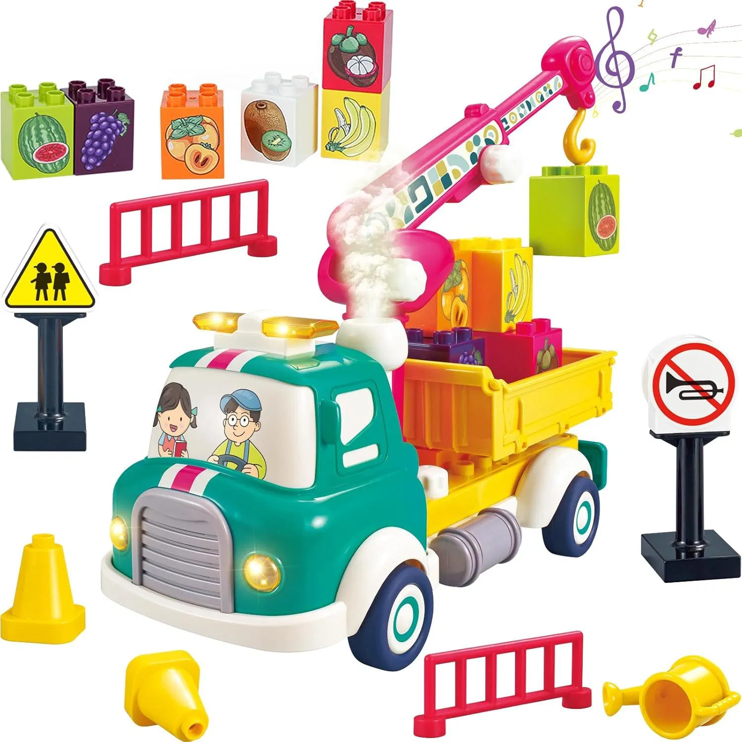 Mist Spray Cartoon Stem Construction Building Block Pull Back Car Toy with Light Sound Smoke Garbage Truck