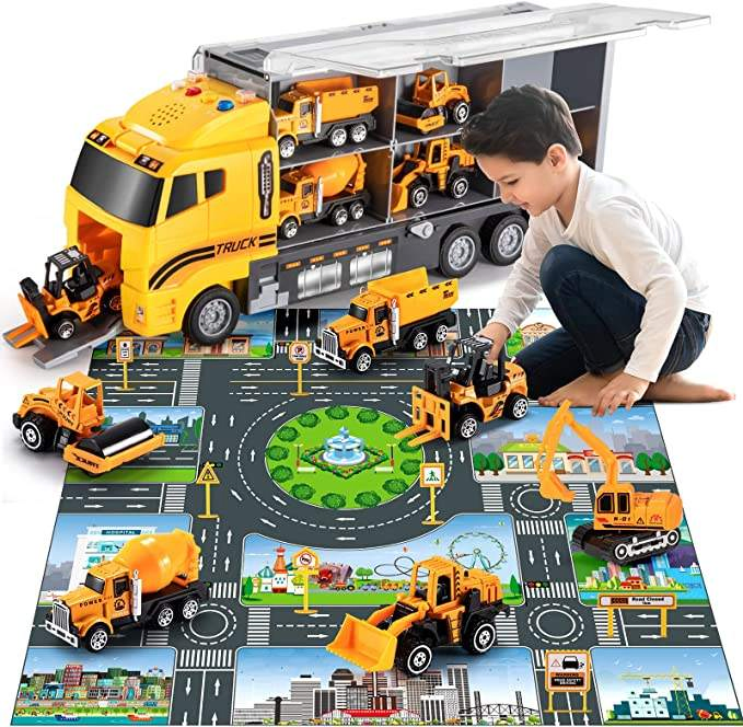 2024 New Hot Sale Children's Gift Die-Cast Construction Toys Car Carrier Vehicle Toy Set W/Play Mat, Truck Alloy Metal Car Toys Set for Kids