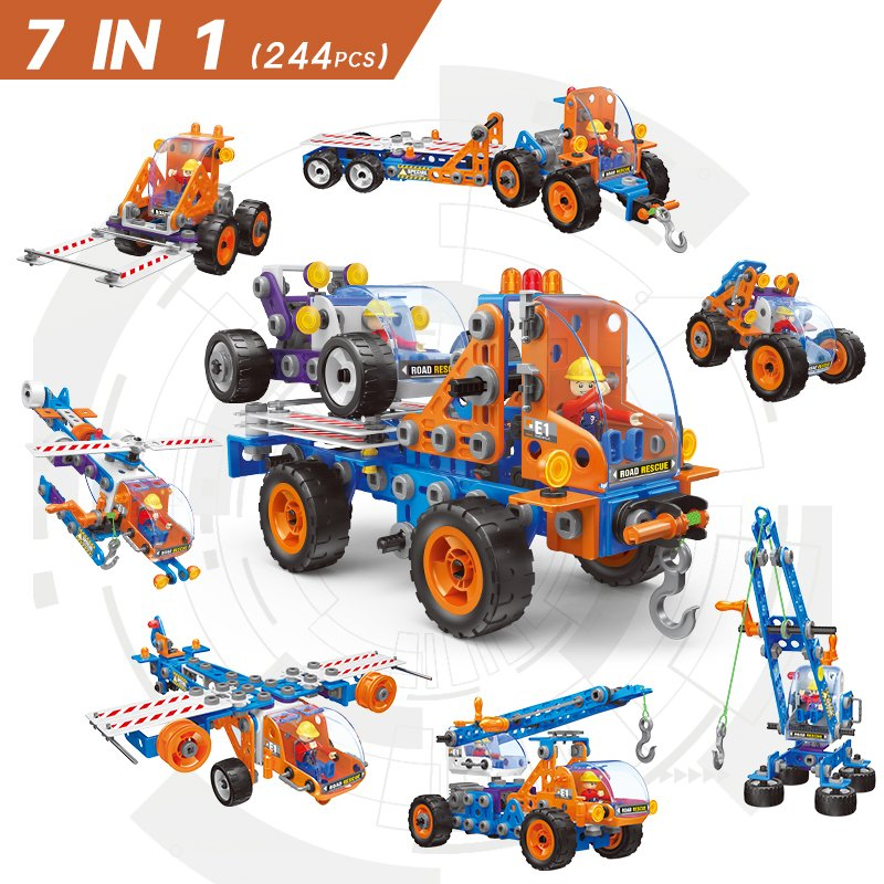 244PCS Road Emergency Repair Vehicle Model Toy Stem Kids Creative Screw &amp; Nut Take Apart Car Truck Helicopter DIY Building Kit Toys