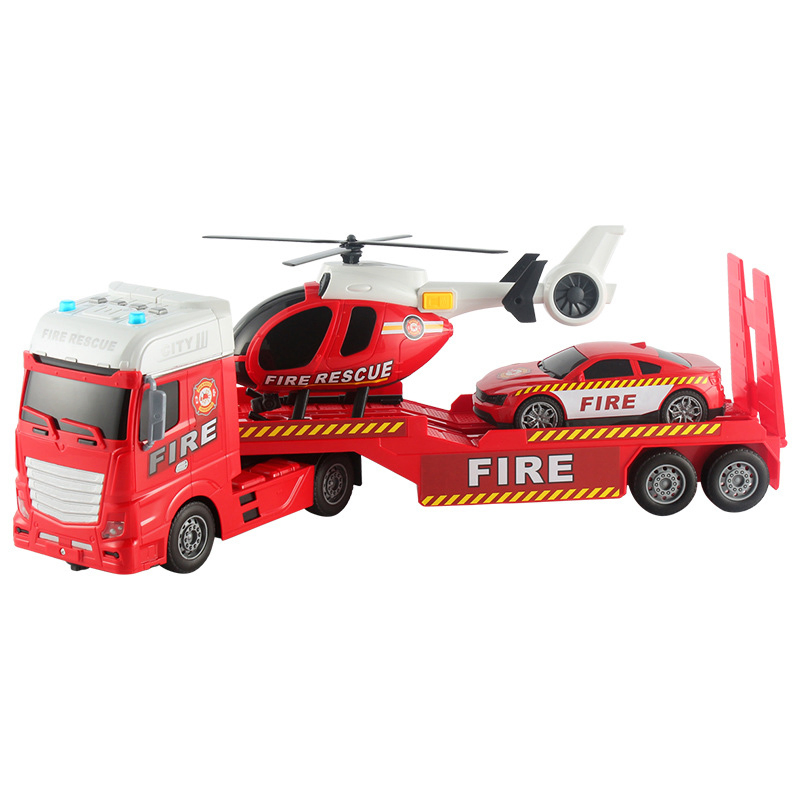 Friction Vehicle Trucks with Car and Plane Kids Toys Chilren Toy Plastici Fire Rescue Flat Transporter Truck Boys Gift Truck with Light and Music
