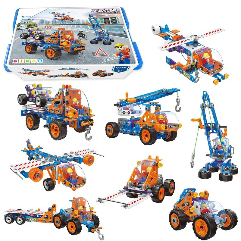 244PCS Road Emergency Repair Vehicle Model Toy Stem Kids Creative Screw &amp; Nut Take Apart Car Truck Helicopter DIY Building Kit Toys
