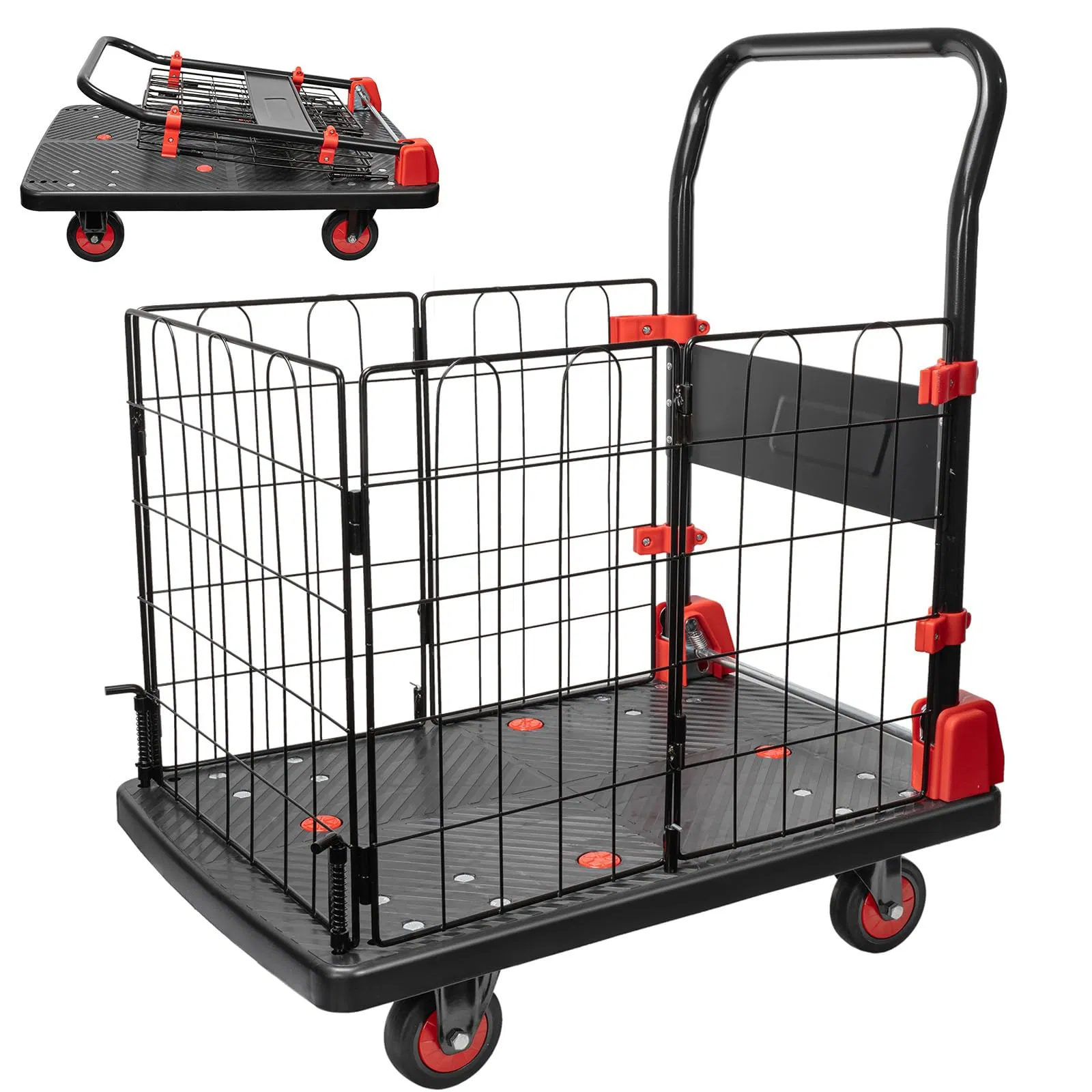Platform Truck Cart with Cage, 1400lbs Capacity Folding Hand Truck Dolly, Heavy Duty Platform Cart W/ 5'' TPR Swivel Wheels, 2 in 1 Foldable Platform Truck Push