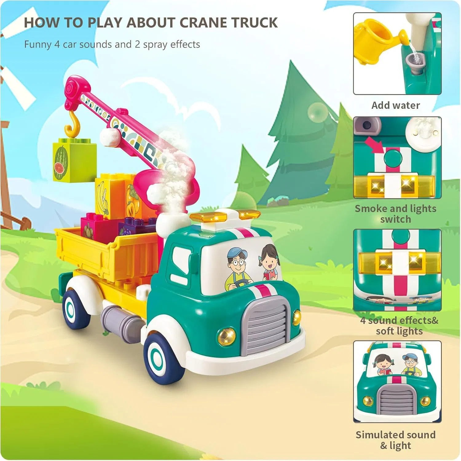 Mist Spray Cartoon Stem Construction Building Block Pull Back Car Toy with Light Sound Smoke Garbage Truck