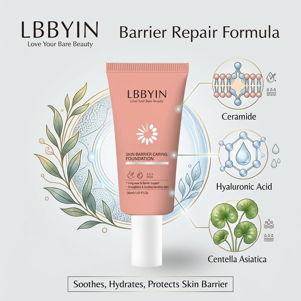 LBBYIN Barrier Repair Liquid Foundation for Sensitive Skin Ceramide Nourishing Full Coverage Long Lasting Waterproof Makeup
