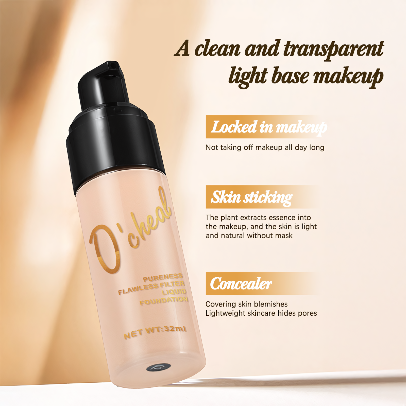 O'Chial Natural Long Lasting Waterproof Buildable Coverage Hydrating Whitening Sunscreen Liquid Foundation Dewy Finish Skin Tone