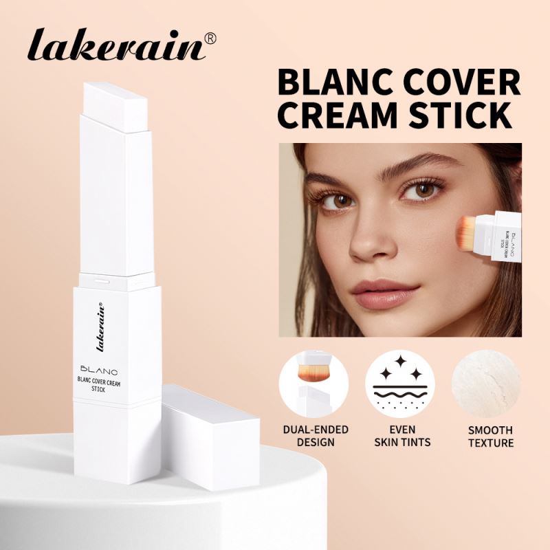 Lakerain Blanc Cover Cream Stick Color-Changing Foundation Stick Full Coverage Dewy Finish Base Makeup Dual-Ended with Brush