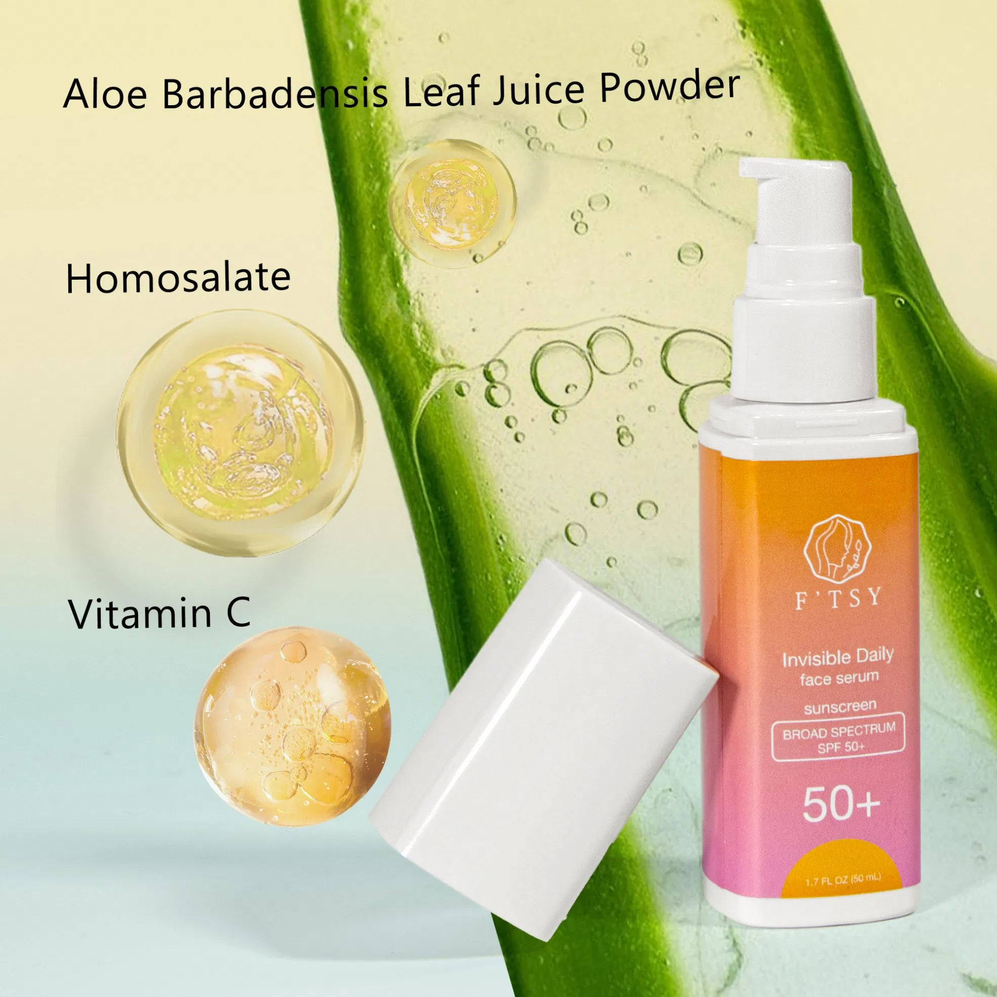 Custom Logo Organic Vegan Natural Sun Protection Finished Tinted Broad Spectrum Brightening Mineral SPF50 Sunblock Sunscreen Serum