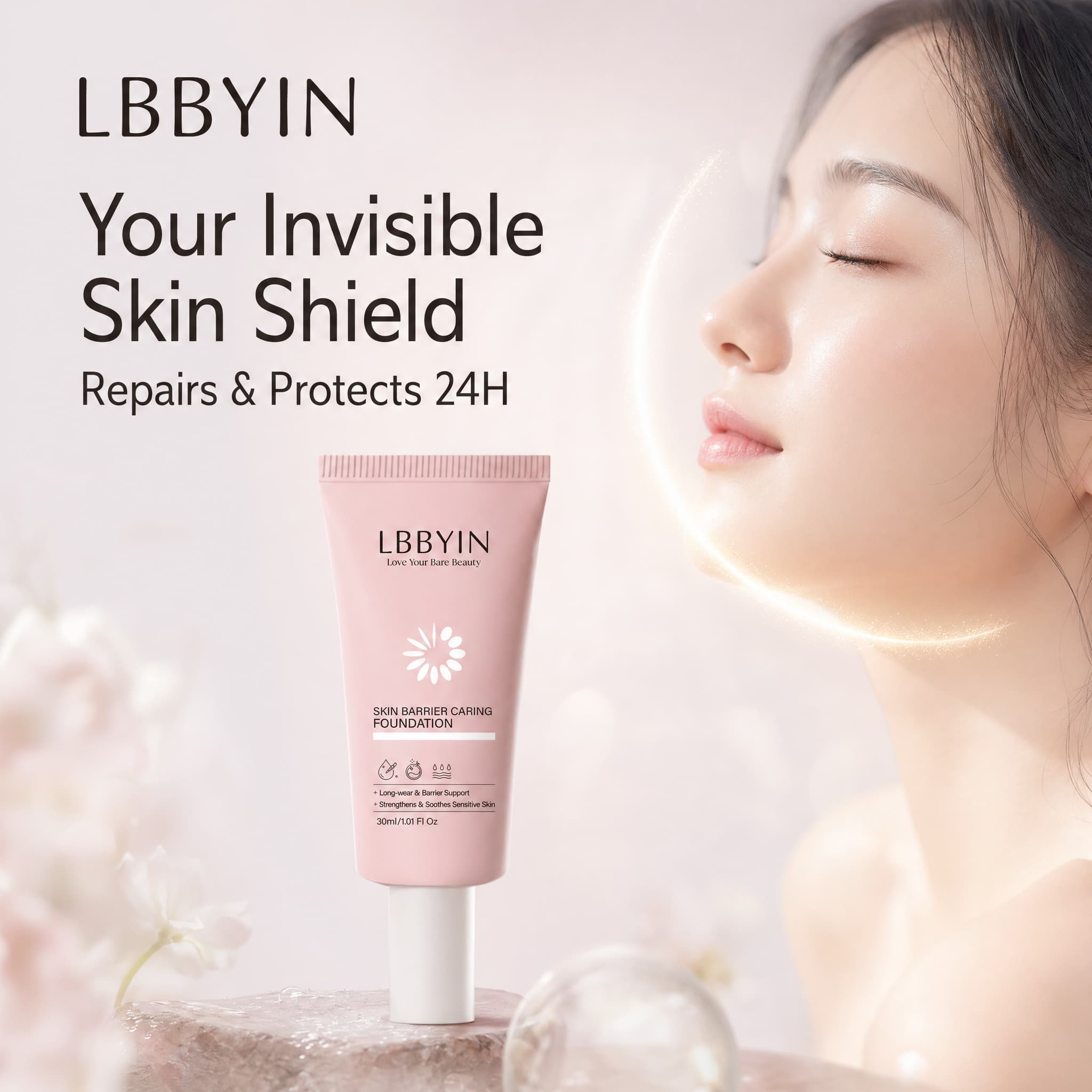 LBBYIN Lightweight Breathable Foundation Sensitive Skin Relief Liquid Base Natural Dewy Finish Paraben-Free Private Label