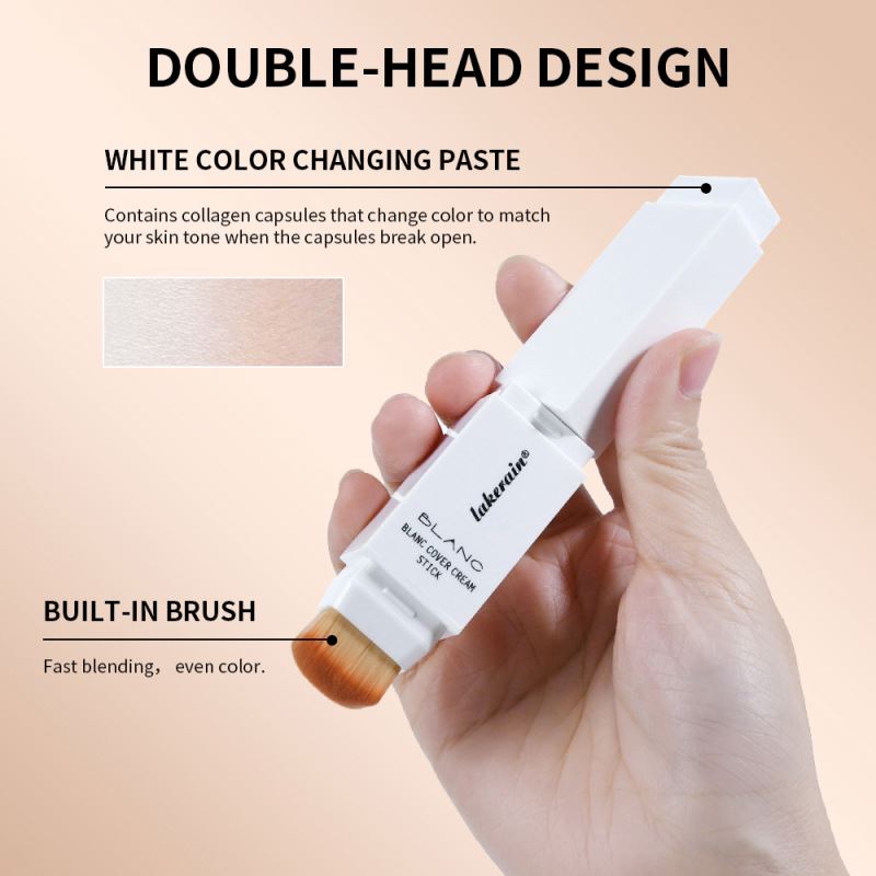 Lakerain Blanc Cover Cream Stick Color-Changing Foundation Stick Full Coverage Dewy Finish Base Makeup Dual-Ended with Brush