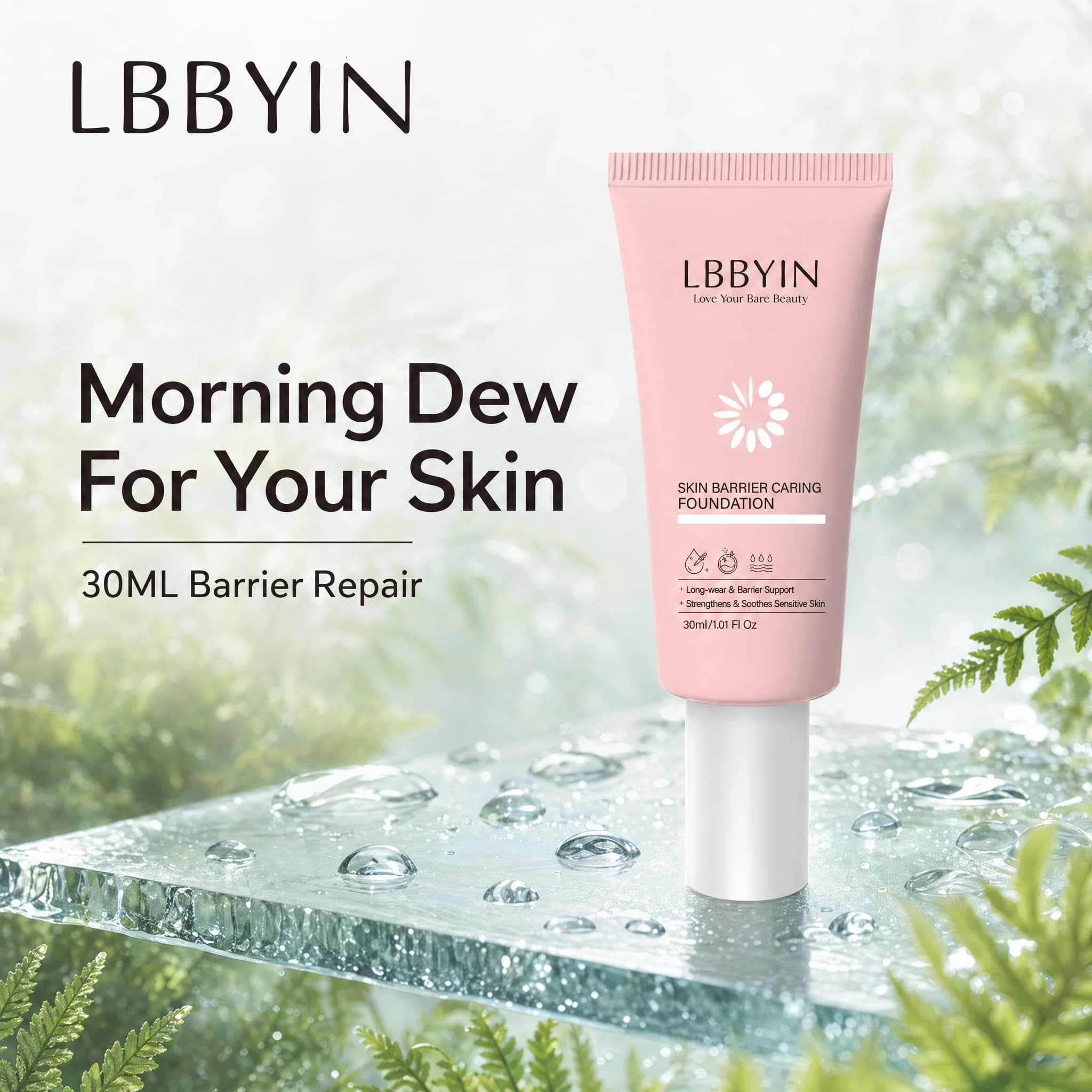LBBYIN Lightweight Breathable Foundation Sensitive Skin Relief Liquid Base Natural Dewy Finish Paraben-Free Private Label