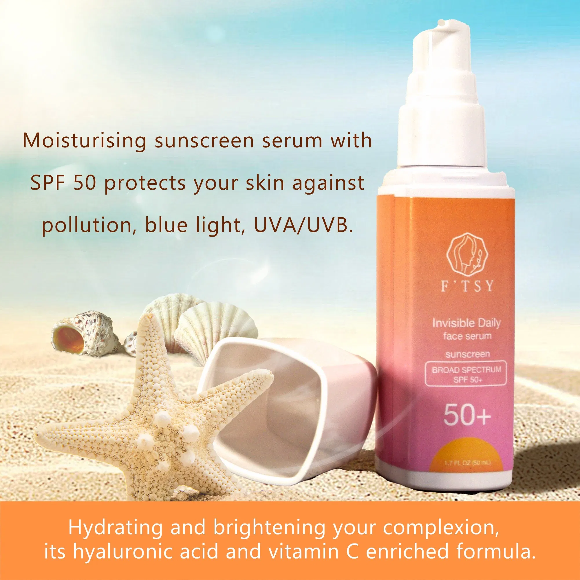 Custom Logo Organic Vegan Natural Sun Protection Finished Tinted Broad Spectrum Brightening Mineral SPF50 Sunblock Sunscreen Serum