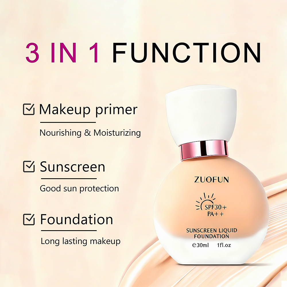 3 In 1 Primer Sunscreen Foundation, OEM Custom LOGO Private Label Long Lasting Waterproof Matte Full Coverage Liquid Foundation