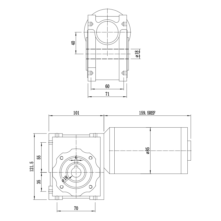 24V DC Motor Speed Reducer Standard RV50 250W Output Power Worm Gearbox