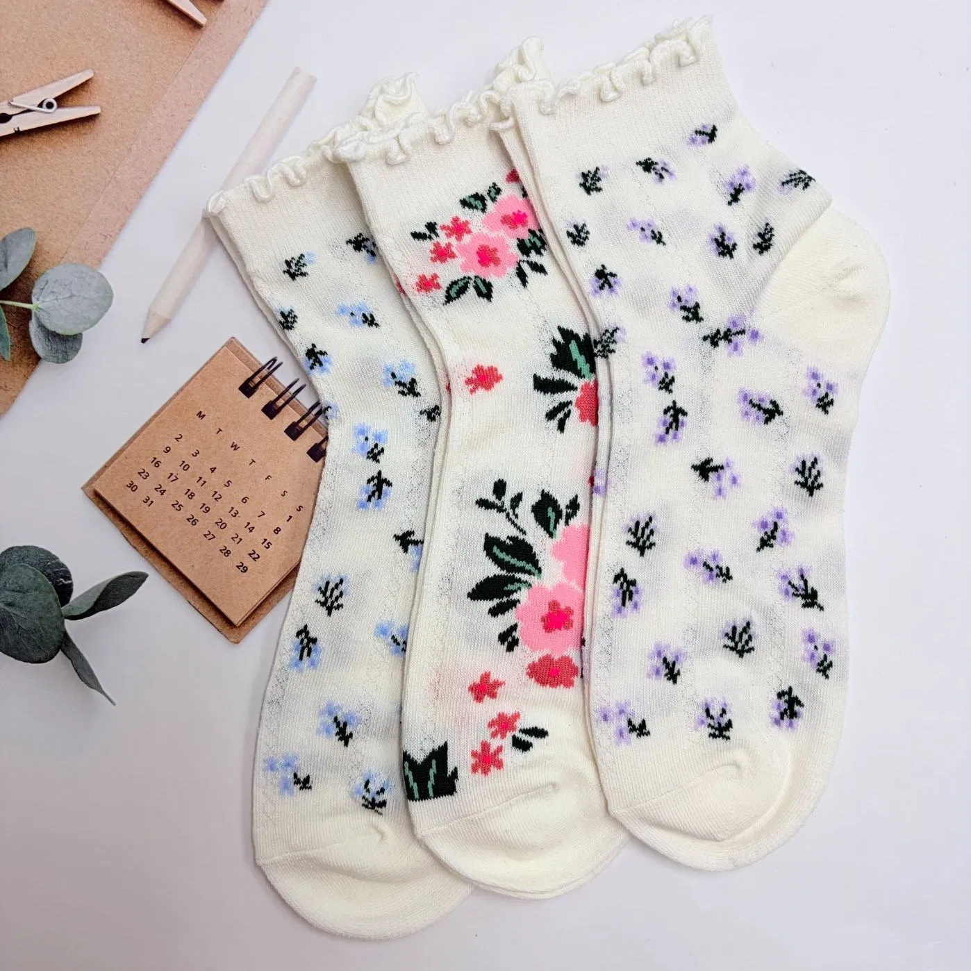 Wholesale Floral Print Mesh Knitted Women Socks Breathable Cotton Socks